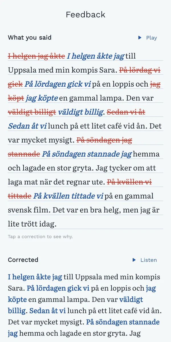 Feedback on a spoken answer: five word-order mistakes struck through in red, with the corrected Swedish in blue.