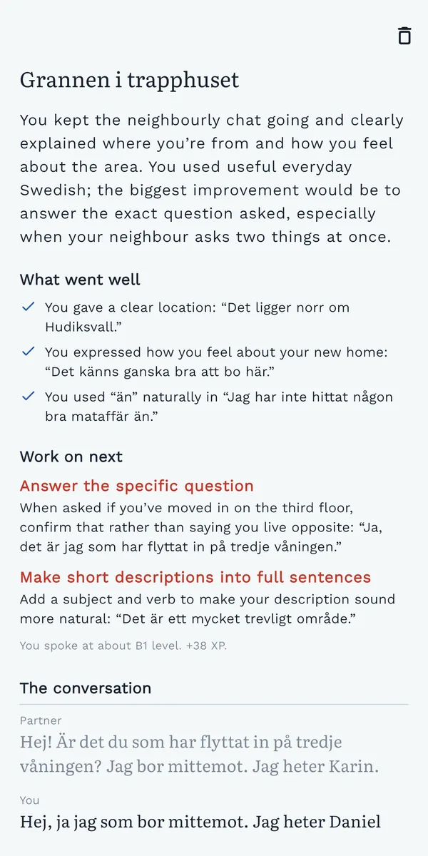 Summary of a conversation with a neighbour: what went well and what to work on next.