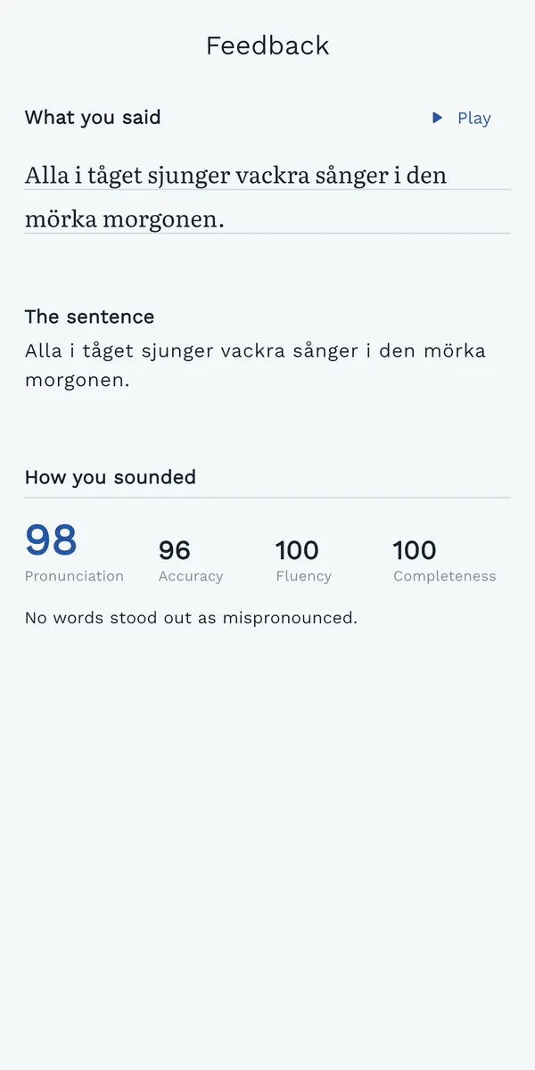 Pronunciation scores for a sentence read aloud: 98 overall, with accuracy, fluency and completeness.